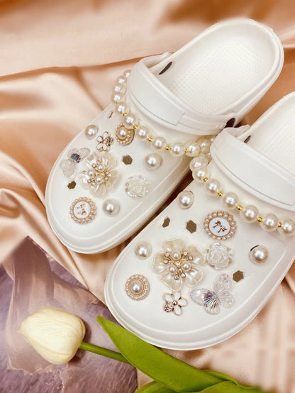 Removable Vintage Diy Faux Pearl Flower Garden Shoe Buckle & Chain Decoration For Holey Shoes