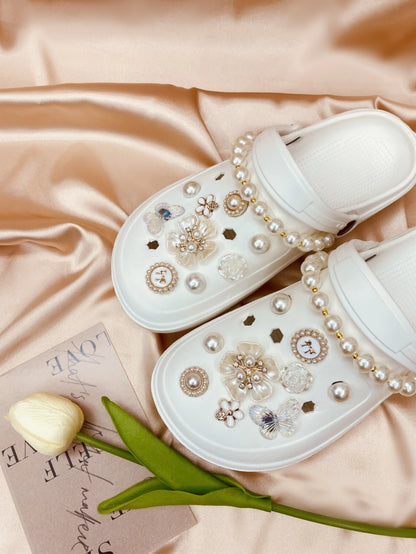 Removable Vintage Diy Faux Pearl Flower Garden Shoe Buckle & Chain Decoration For Holey Shoes