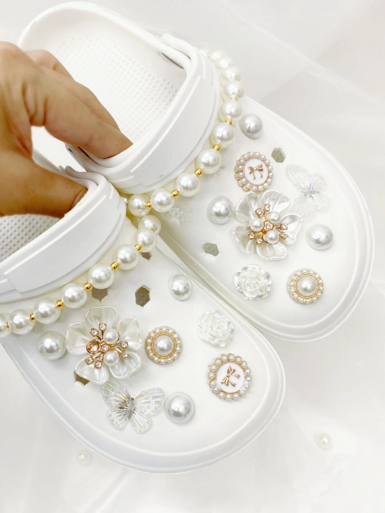 Removable Vintage Diy Faux Pearl Flower Garden Shoe Buckle & Chain Decoration For Holey Shoes